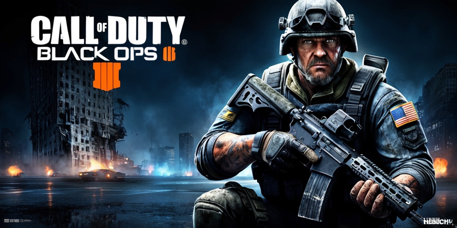 A gritty, high-octane poster for Call of Duty: Black Ops 6, set against a dark, smoky cityscape at dusk, with neon lights reflecting off the wet pavement. In the foreground, a grizzled, battle-hardened soldier, with a determined expression, piercing brown eyes, and a strong jawline, wears a black tactical helmet, night-vision goggles, and a bulky armor vest, with the American flag patch emblazoned on his right shoulder. His facial features are weathered, with a few days' worth of stubble, and a hint of dirt and sweat. He's holding a worn, black assault rifle, with a silver barrel and tactical rails, at a 45-degree angle, as if ready to take on the enemy. In the background, a massive, crumbling skyscraper looms, with shattered windows, and sniper fire illuminating the dark sky. The dominate colors are dark blues, greys, and blacks, with flashes of orange and yellow from the gunfire. The title 