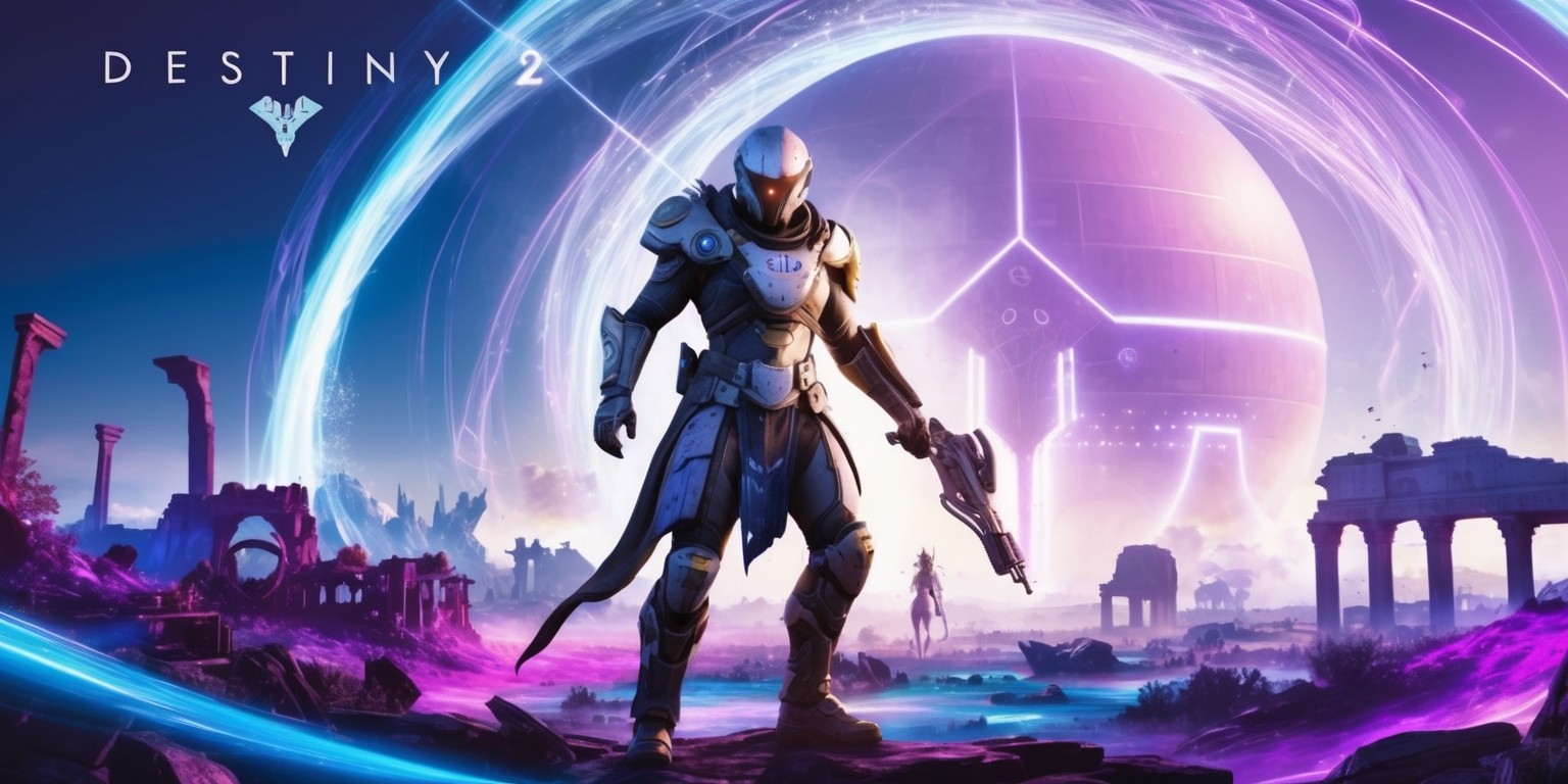 A futuristic, high-dynamic-range illustration of a Guardian from the popular video game Destiny 2, standing heroically in a vibrant, ethereal landscape filled with ruins of an ancient alien city, with the Traveler's massive, glowing sphere looming in the background, surrounded by a swirling aura of luminescent blue and purple hues, as if energy is emanating from it, with the Guardian's armor and weapons intricately detailed, showcasing a mix of sci-fi and mythological influences, with a bold, dynamic composition and dramatic lighting, and the Destiny 2 logo or text subtly integrated into the design, perhaps as a metallic emblem on the Guardian's armor or as a glowing, neon-lit signs in the background.