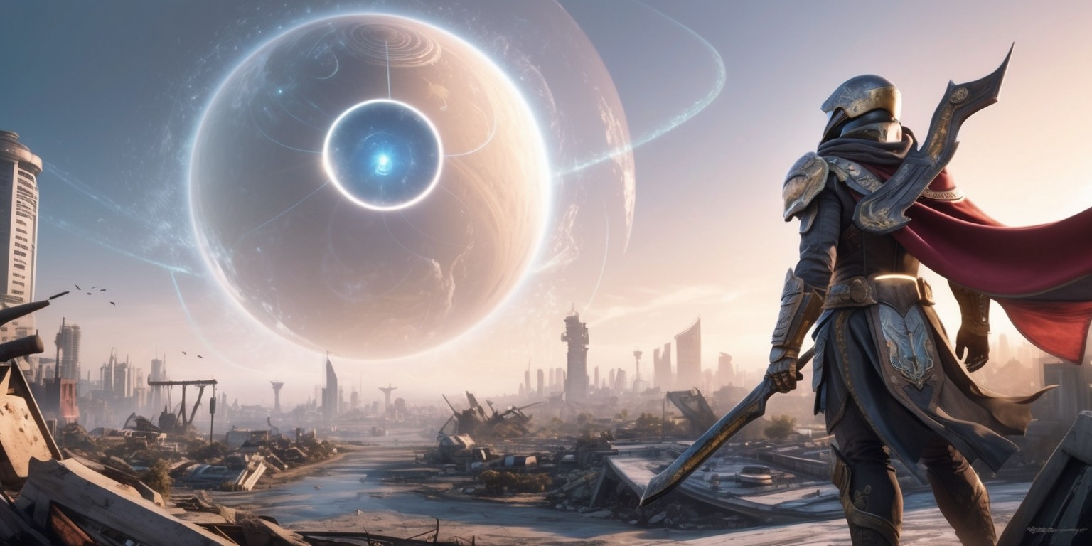 A majestic, futuristic landscape depicting the world of Destiny 2, with theTraveler, a massive, spherical entity hovering in the sky, emitting a warm, ethereal glow. In the foreground, a heroic Guardian, clad in ornate armor, stands proudly, gazing upwards towards the Traveler, its visor aglow with a soft blue light. The Guardian's armor is adorned with intricate, metallic patterns and a crimson cape flows behind them, billowing in the wind. The atmosphere is set against a backdrop of a ravaged, post-apocalyptic cityscape, with crumbling skyscrapers and debris-strewn streets, illuminated by the soft, golden light of the setting sun. The color palette is a mix of muted earth tones, with splashes of vibrant blues and reds, evoking a sense of hope and resilience. The image is rendered in a highly detailed, realistic style, with bold brushstrokes and textured elements, reminiscent of a fantastical, sci-fi illustration.