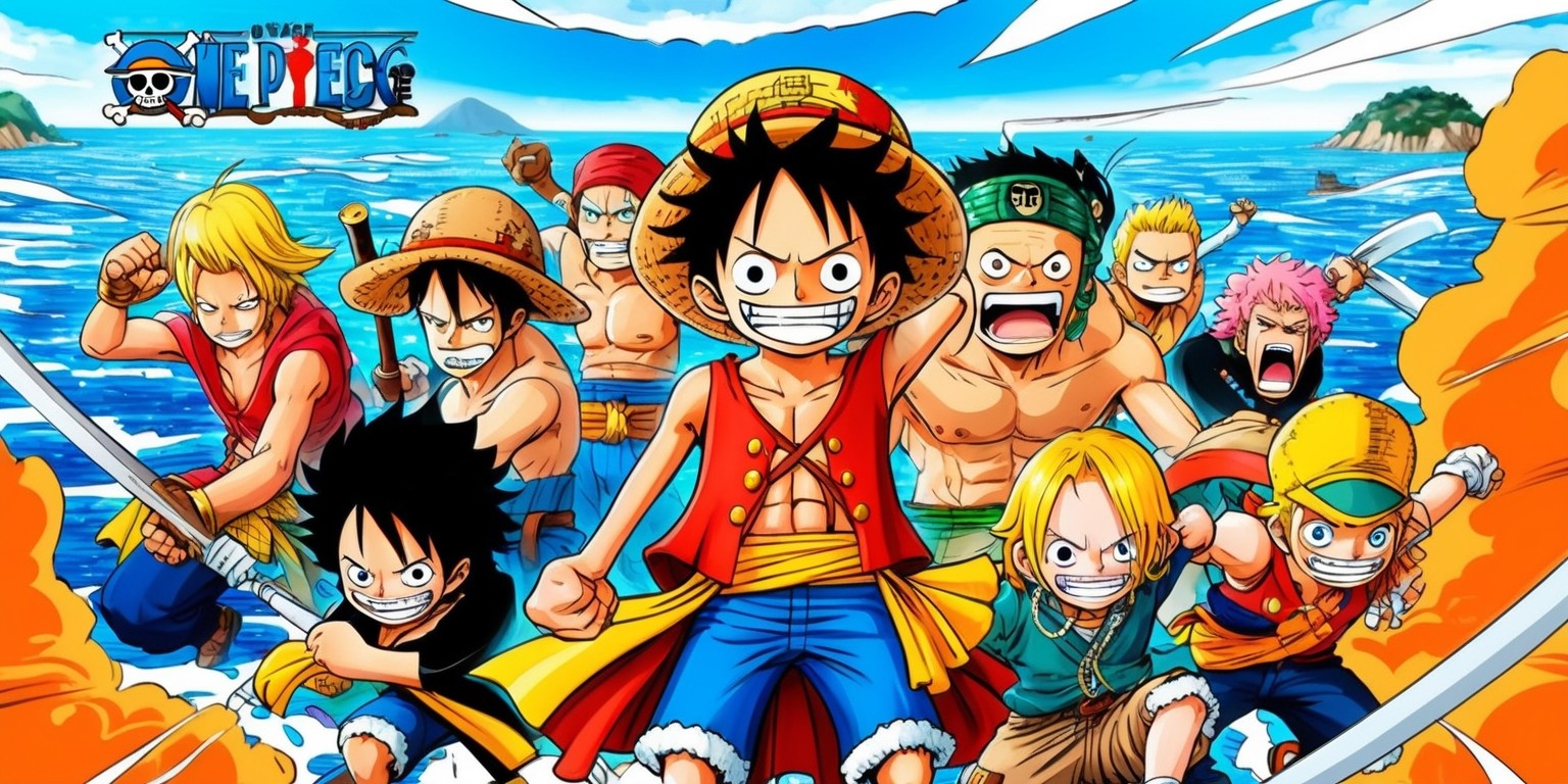 A vibrant and action-packed illustration inspired by the popular Japanese manga series One Piece, featuring Monkey D. Luffy, the main protagonist, standing heroically in the center, surrounded by his Straw Hat Pirates crew, including Roronoa Zoro, Usopp, Sanji, Tony Tony Chopper, Nico Robin, Franky, and Brook, each with their unique facial features, skin tones, and attire, set against a dynamic oceanic background with a vast expanse of blue waters and a few scattered islands, with hints of orange and yellow hues to evoke a sense of adventure and excitement, incorporating bold lines, exaggerated facial expressions, and dramatic poses, characteristic of Eiichiro Oda's signature manga style, with the title One Piece emblazoned prominently in bold, golden kanji characters across the top of the image.