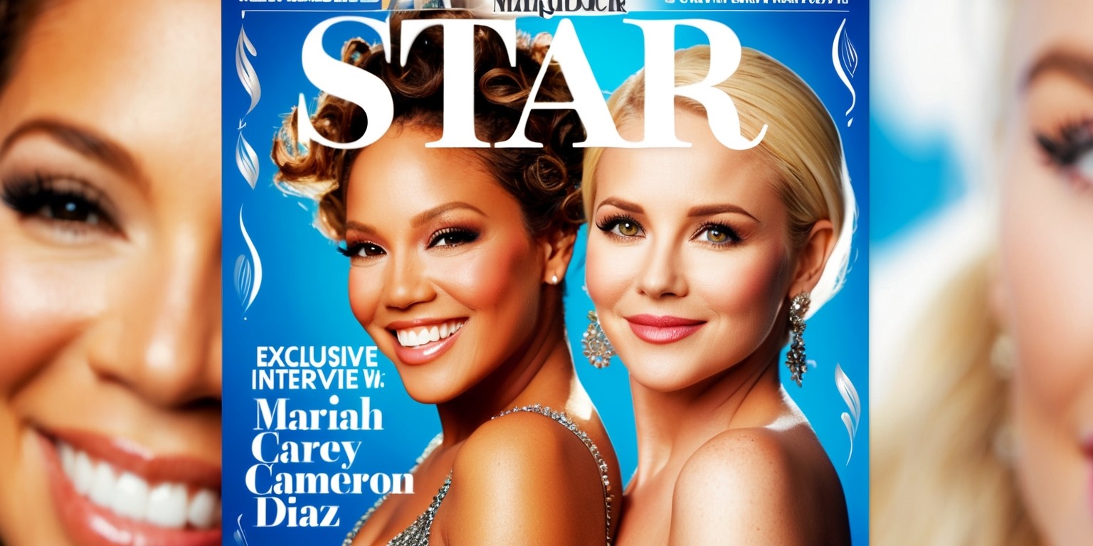 A colorful, high-gloss, celebrity magazine cover featuring a close-up photograph of Mariah Carey and Cameron Diaz, two famous American actresses, smiling brightly and gazing directly at the viewer, with their faces illuminated by soft, golden lighting, and their skin tones accurately represented, with Mariah's golden-brown complexion and Cameron's porcelain doll-like complexion, both sporting flawless makeup, with Mariah's signature bold, curly hair and Cameron's sleek, blonde locks, against a bright, electric blue background that pops with vibrancy, and the bold, white font of the magazine title, 