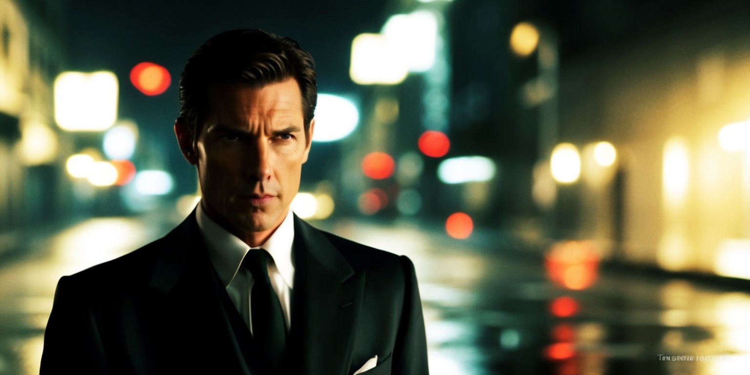 A gritty, moody, cinematic scene inspired by the 2004 film Collateral, featuring Tom Cruise as Vincent, a stylish and ruthless hitman, standing in the backlight of a city street at night, with a subtle hint of neon lights reflecting off the wet pavement, his sleek black suit and tie a stark contrast to the dark, urban atmosphere, his piercing eyes fixed intently on some unseen target, a hint of menace in his expression, amidst the blurred lights of the Los Angeles cityscape, with a shallow depth of field and a warm, golden color tone, evoking a sense of tension and unease.