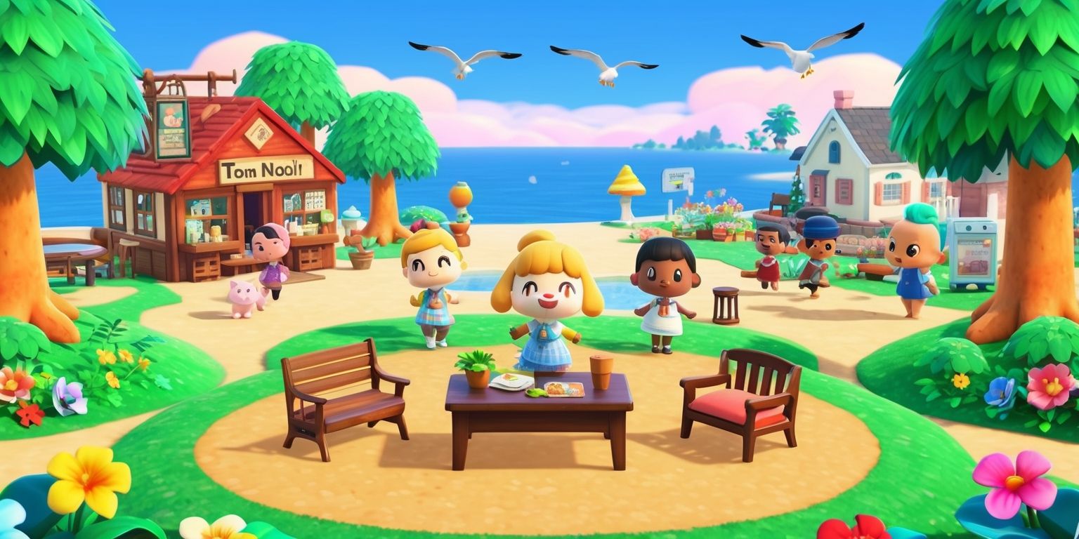 A vibrant and colorful digital illustration of the Animal Crossing: New Horizons game, featuring a charming and serene island landscape with lush green trees, colorful flowers, and a clear blue sky, Tom Nook's store and other buildings in the background, with various adorable characters such as Tom Nook, Isabelle, and K.K. Slider, each with distinctive facial features and unique attributes, surrounded by furniture and decorative items, with a few villagers engaged in everyday activities, set against a beautiful sunset backdrop with warm orange and pink hues, and a few seagulls flying overhead, capturing the game's relaxing and welcoming atmosphere.