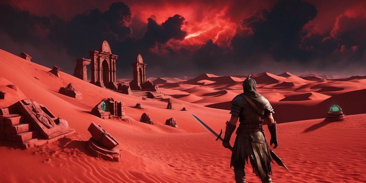 A vast, sun-scorched desert landscape with endless dunes of crimson-hued sand, set against a backdrop of a fiery, blood-red sky with dark, ominous clouds, inspired by the Crimson Desert game, with intricate, ancient stone ruins and mysterious, glowing artifacts scattered throughout, and in the distance, a lone figure, a brave adventurer with worn, leather armor and a determined look on their weathered face, with a sword at their side, ready to face the dangers that lie within this unforgiving, yet beautiful, crimson world.
