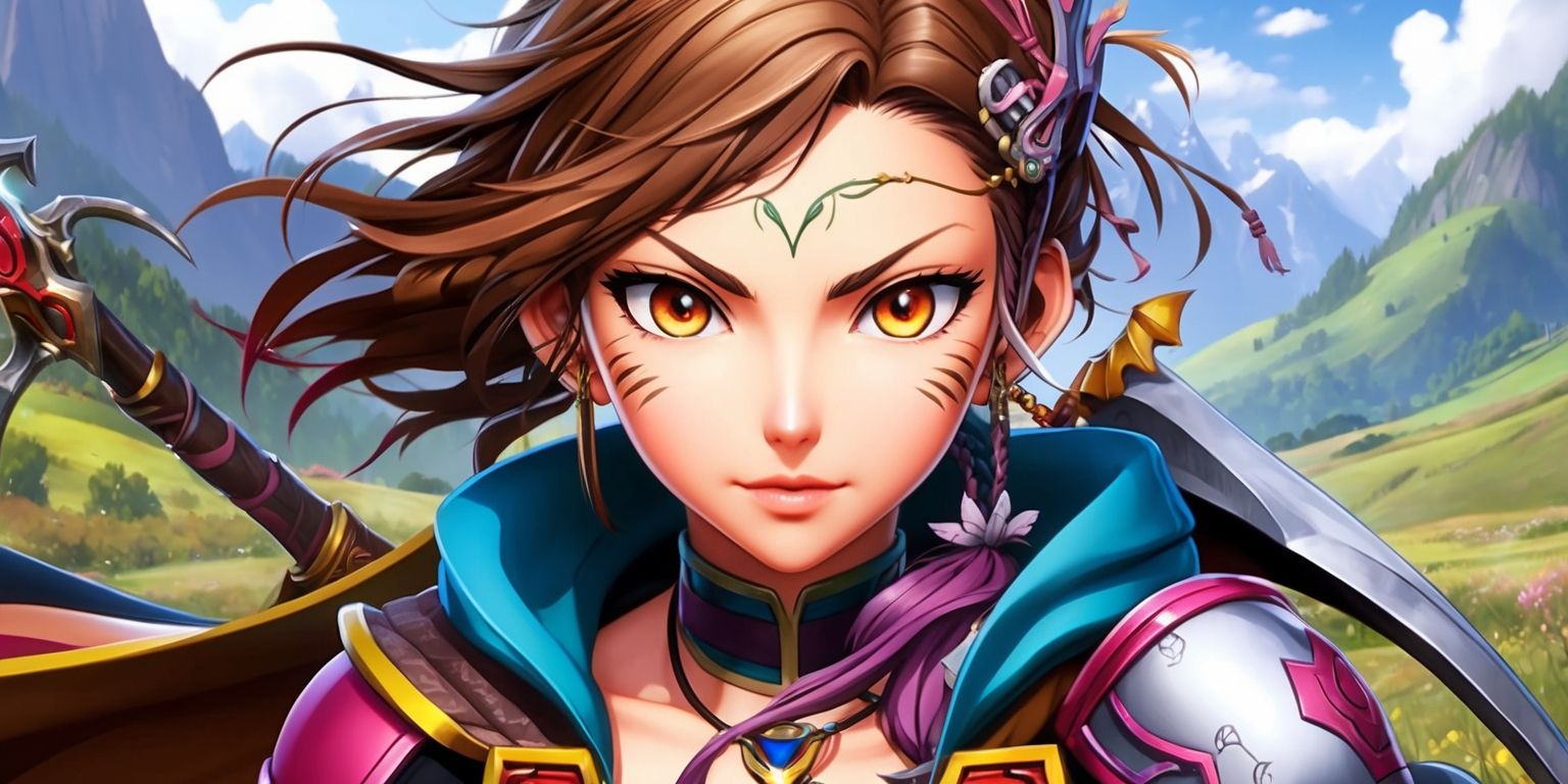 A Genshin Impact character with intricate details and vibrant colors, set against a stunning fantasy landscape with rolling hills and towering mountains in the background, the character stands out with their unique outfit and weapon, their facial features are finely defined with bright, expressive eyes and a determined expression, the character's skin tone is a radiant and healthy complexion, with delicate facial markings and accessories that reflect their elemental abilities, the overall style is reminiscent of anime and manga, with bold lines, dynamic poses, and a sense of energy and movement, the character's hair flows in the wind, with loose strands framing their face, and their eyes shine with a fierce inner light, the image is full of color and life, with a sense of adventure and possibility.