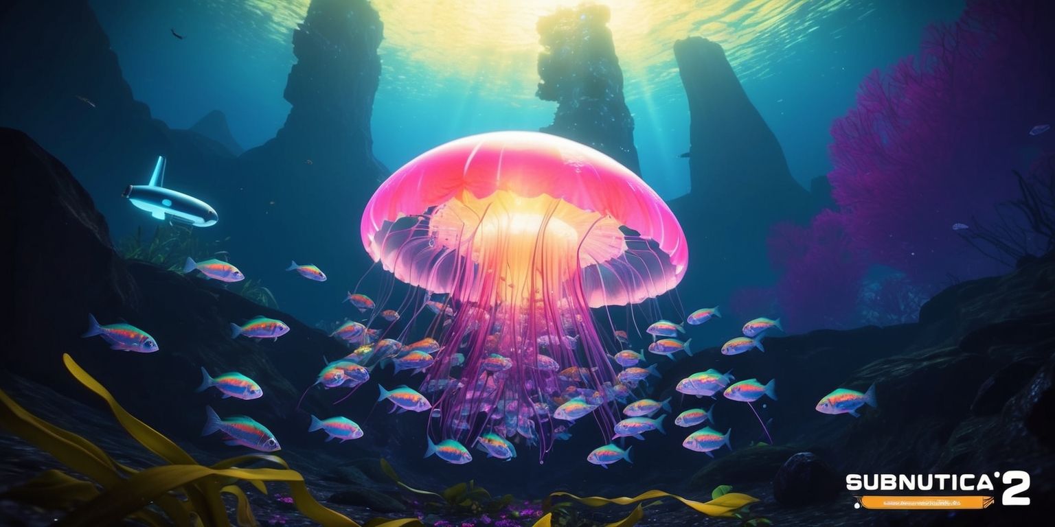 A vibrant underwater scene from the Subnautica 2 game, with a large, translucent, and bioluminescent jellyfish-like creature in the center, surrounded by a swarm of smaller, iridescent fish, set against a dark blue and purple oceanic background with hints of green, and illuminated by a warm, golden sunlight filtering down from above, with the silhouettes of distant, towering underwater mountains and coral reefs in the background, and a small, sleek, futuristic submarine or underwater exploration vehicle in the distance, with a few seaweed strands and ocean debris scattered throughout the scene.