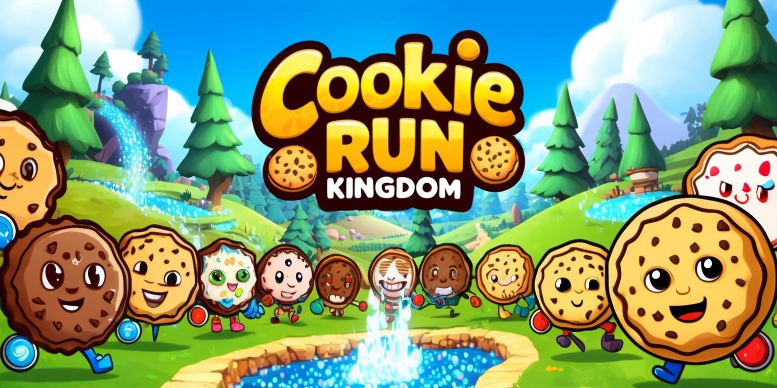 A vibrant and colorful digital illustration of the Cookie Run Kingdom game, showcasing a variety of cookies as main characters, each with unique facial features and accessories, set against a whimsical and fantastical backdrop with rolling hills, towering trees, and sparkling water features, with a bright blue sky and fluffy white clouds, incorporating the game's distinct visual style and aesthetic, featuring bold lines, intricate details, and a mix of warm and cool colors, with the Cookies and other game elements prominently displayed in the foreground, and the game's logo or title displayed in a bold, playful font with bright colors and rounded edges.