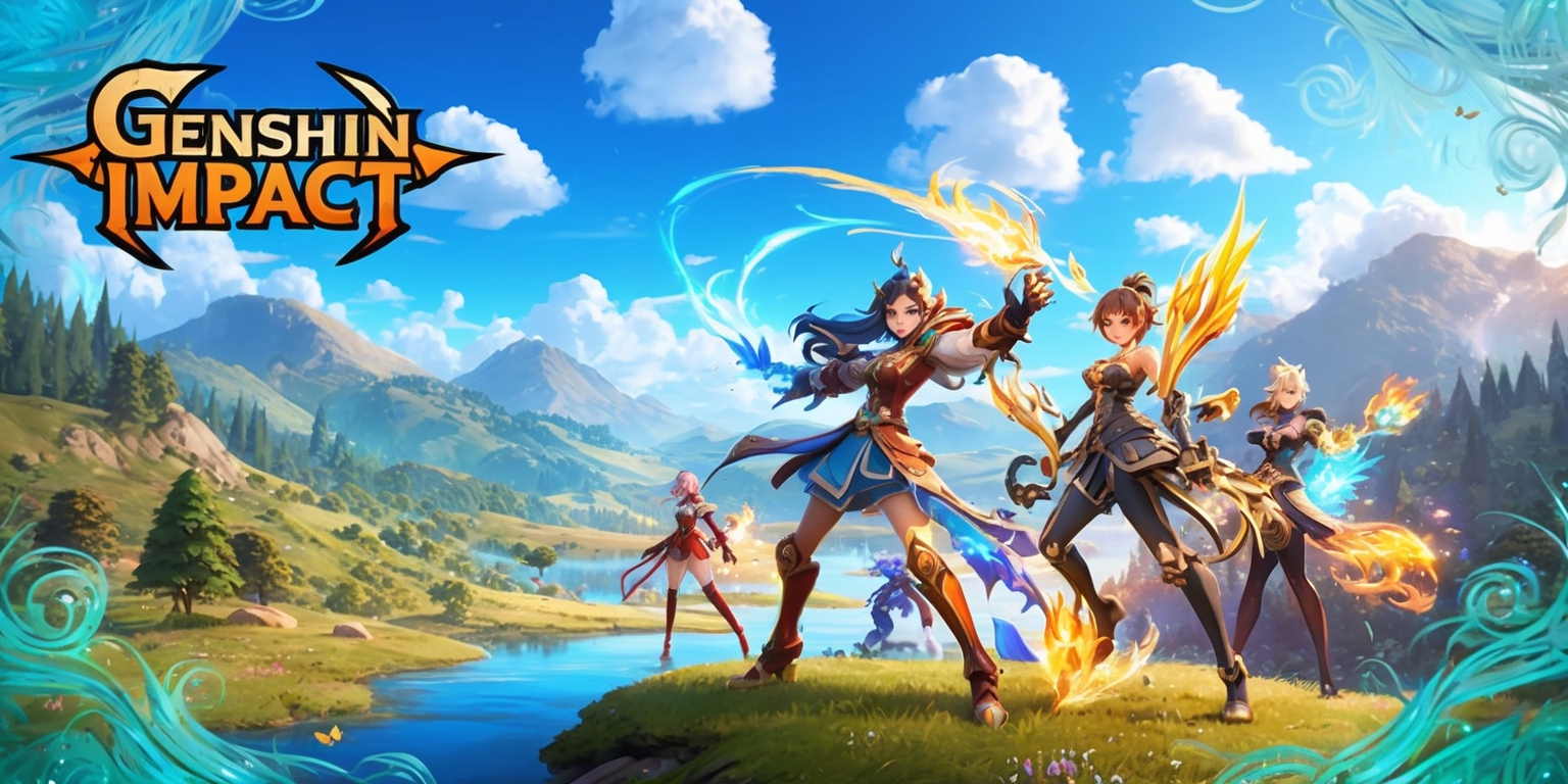 A vibrant fantasy scene from the Genshin Impact game, featuring a breathtaking landscape with rolling hills, towering mountains, and serene water bodies, set against a brilliant blue sky with puffy white clouds, with a mix of lush green forests and diverse flora, inhabited by intricately designed characters with unique abilities and elemental powers, each with distinct facial features, skin tones, and stylish outfits, including Diluc, Kaeya, and Amber, standing heroically in a dynamic pose, with the game's iconic elemental symbols and magical effects emanating from their bodies, surrounded by delicate, swirling patterns and subtle textures, with a bold, adventurous font displaying the game's logo in the top left corner, and a subtle, gradient-like effect blending the colors of the sky and landscape together, creating a stunning, action-packed visual representation of the game's captivating world and characters.