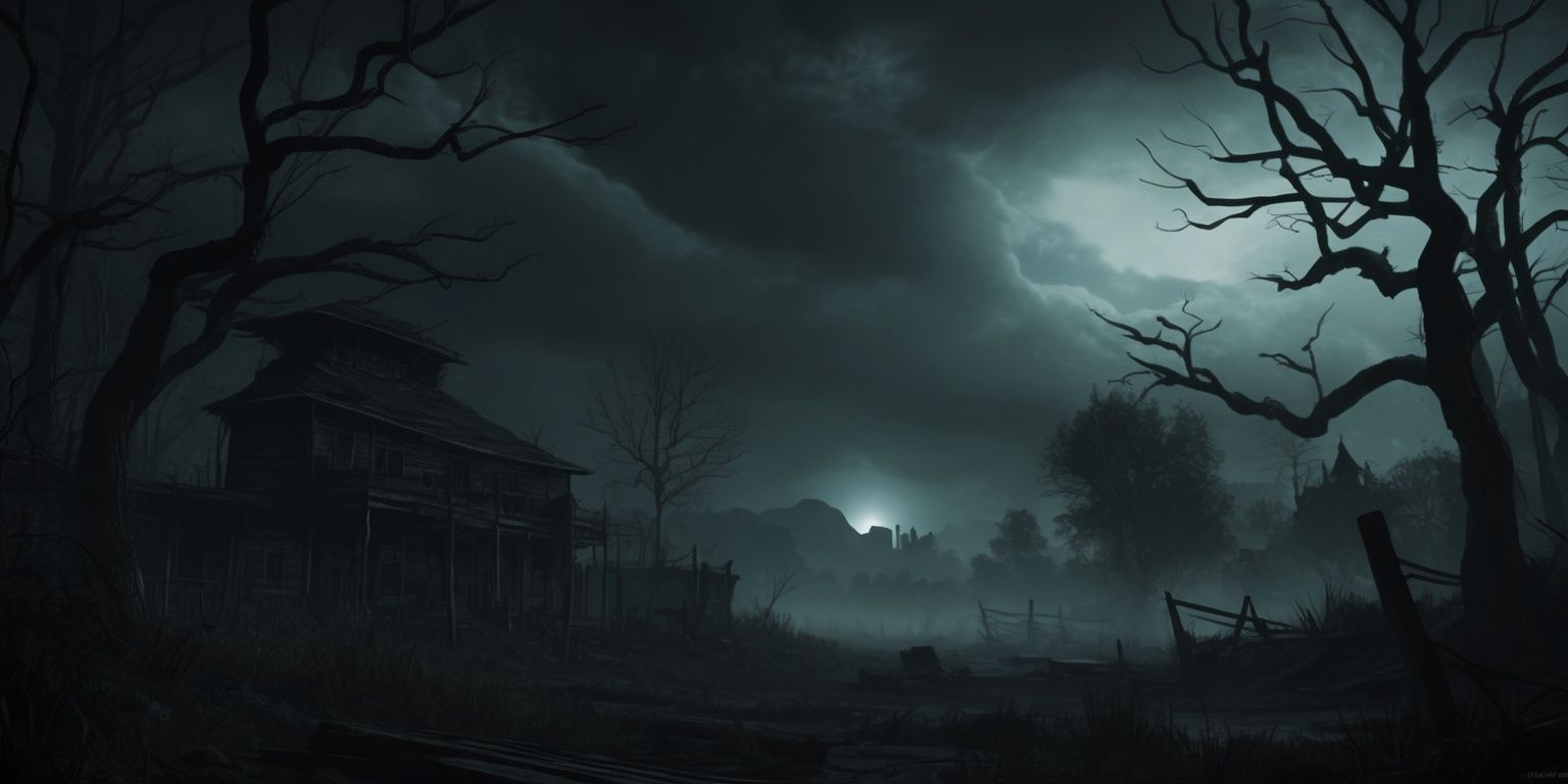 A dark and ominous scene set in a haunting atmospheric horror adventure game, with a focus on eerie landscapes, abandoned structures, and an intense sense of foreboding, featuring muted colors, deep shadows, and an overall sense of dread, with trees looming in the background, their branches like skeletal fingers, and a faint mist rolling in, shrouding the scene in mystery, the sky above a deep, foreboding grey, with clouds that seem to swirl and twist in every direction, and in the distance, a faint, flickering light, casting an eerie glow over the desolate landscape, with no signs of life, only an unsettling feeling of being watched, and an atmosphere of impending doom, the overall style is reminiscent of a survival horror game, with a mix of exploration and fear, the layout is cinematic, with a wide aspect ratio, and the framing is tight, drawing the viewer into the heart of the horror.