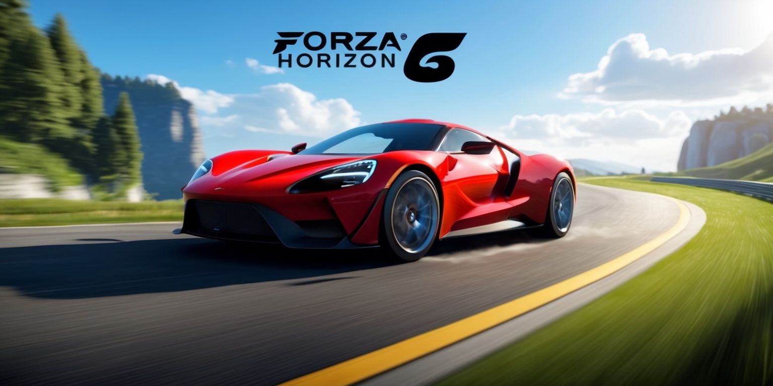 A high-definition promotional image for the Forza Horizon 6 game, featuring a sleek, red sports car speeding down a winding, sun-kissed mountain road, with a blurred background of lush green trees and distant rocky cliffs, set against a bright blue sky with puffy white clouds, the car's wheels and engine meticulously detailed, with a subtle glow effect on the headlights, the Forza Horizon 6 logo prominently displayed in bold, silver font at the top of the image, with a tagline written in smaller, curved text above the car, the overall style is futuristic and dynamic, with vibrant colors and sharp lines, the layout is centered and symmetrical, with the car as the main focal point, the image exudes a sense of speed, freedom, and adventure.