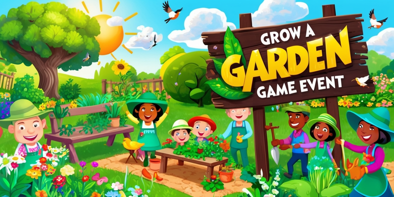 A vibrant and colorful illustration of a whimsical garden setting with lush greenery and a variety of blooming flowers, depicting the concept of a Grow a Garden game event, featuring a sunny sky with fluffy white clouds, a wooden garden bench, and a few gardening tools, with a large tree in the background and a few birds flying around, the game's logo is prominently displayed on a wooden sign near the entrance of the garden, with bold golden letters and a green leafy design, surrounded by a group of people of different ages and skin colors, all with joyful facial expressions and unique gardening hats, engaged in various gardening activities such as planting seeds, watering flowers, and harvesting vegetables.