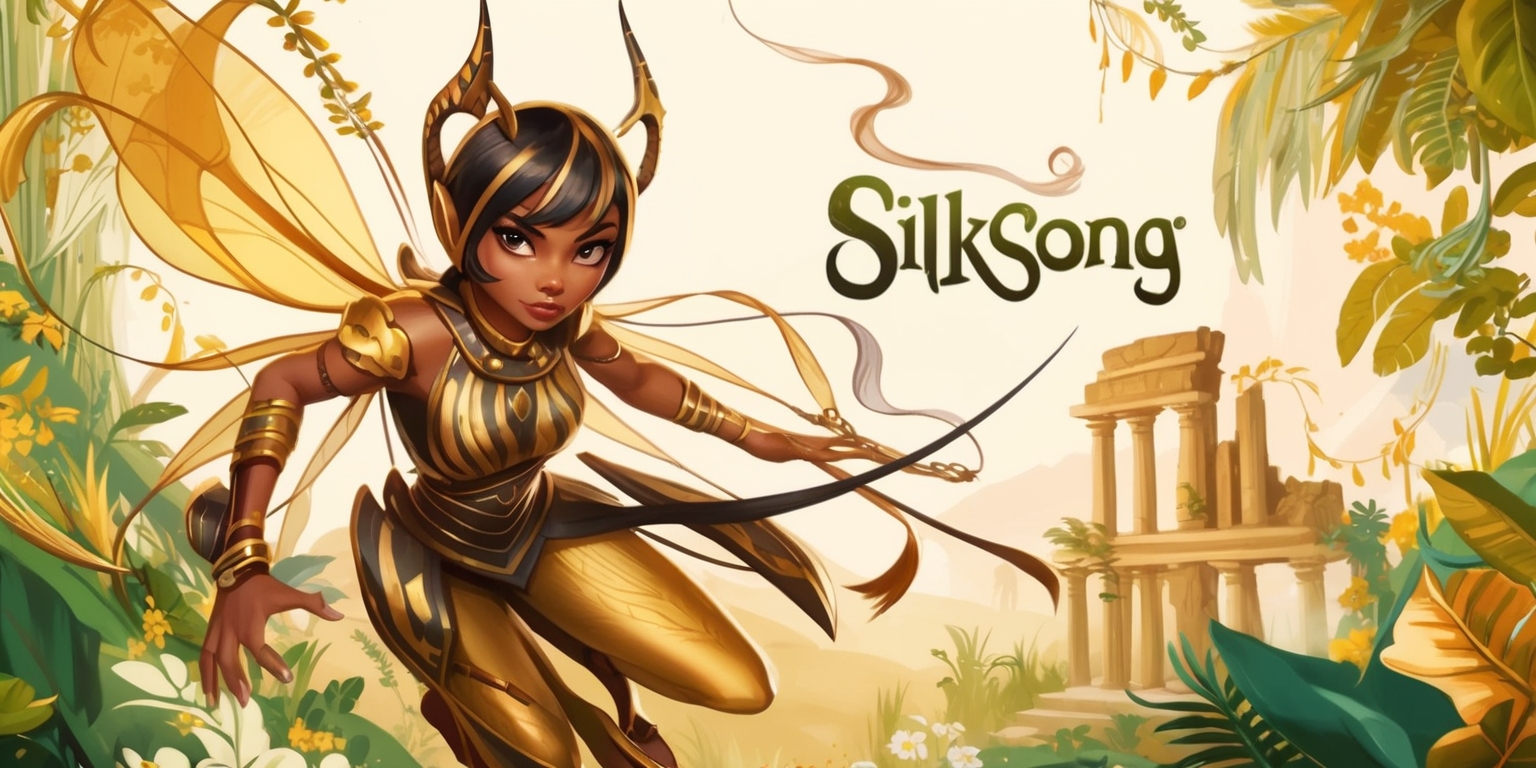 A vibrant and stylized illustration of the Silksong game, featuring Hornet, the main character, with intricate details on her silk-like hair and agile physique, set against a whimsical backdrop of lush vegetation and ancient ruins, with a warm color palette of golden hues and soft pastels, incorporating subtle textures and organic patterns, and adorned with delicate, swirling silks that dance across the composition, evoking a sense of wonder and adventure, with Hornet's facial features delicately rendered to convey a sense of determination and curiosity, and the overall design elements carefully balanced to reflect the game's unique blend of exploration and combat.
