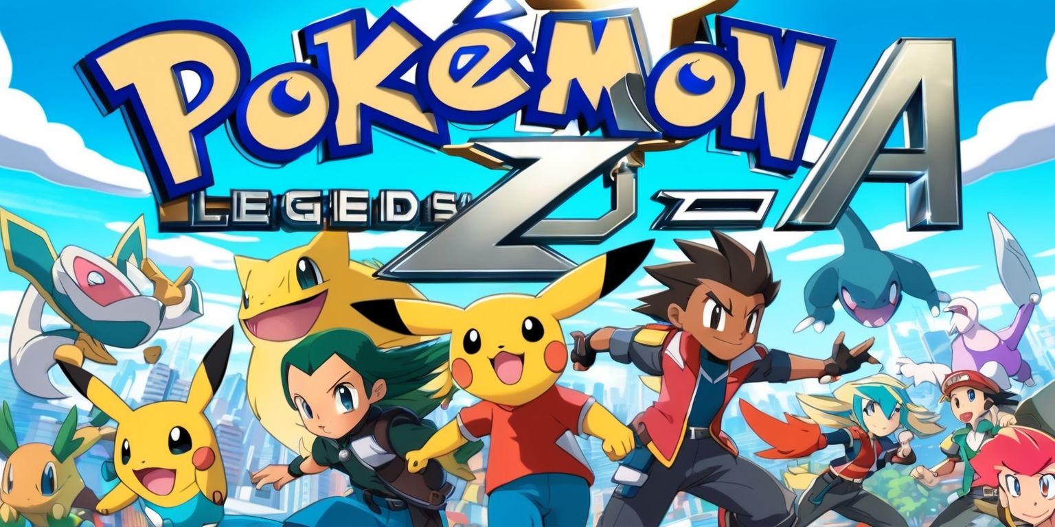 A vibrant poster depicting the Pokemon Legends: Z-A game, with a futuristic cityscape in the background, featuring a variety of pokemons and their trainers, set against a bright blue sky with fluffy white clouds, the title Pokemon Legends: Z-A written in bold, metallic font with a mix of silver and gold colors, the words Z and A in the title are designed with a unique, modern aesthetic, the pokemons are showcased with detailed textures and expressive facial features, the trainers have diverse skin tones and hairstyles, with a sense of adventure and excitement emanating from the entire scene, the overall style is a mix of anime and western comic book art, with bold lines and dynamic composition.