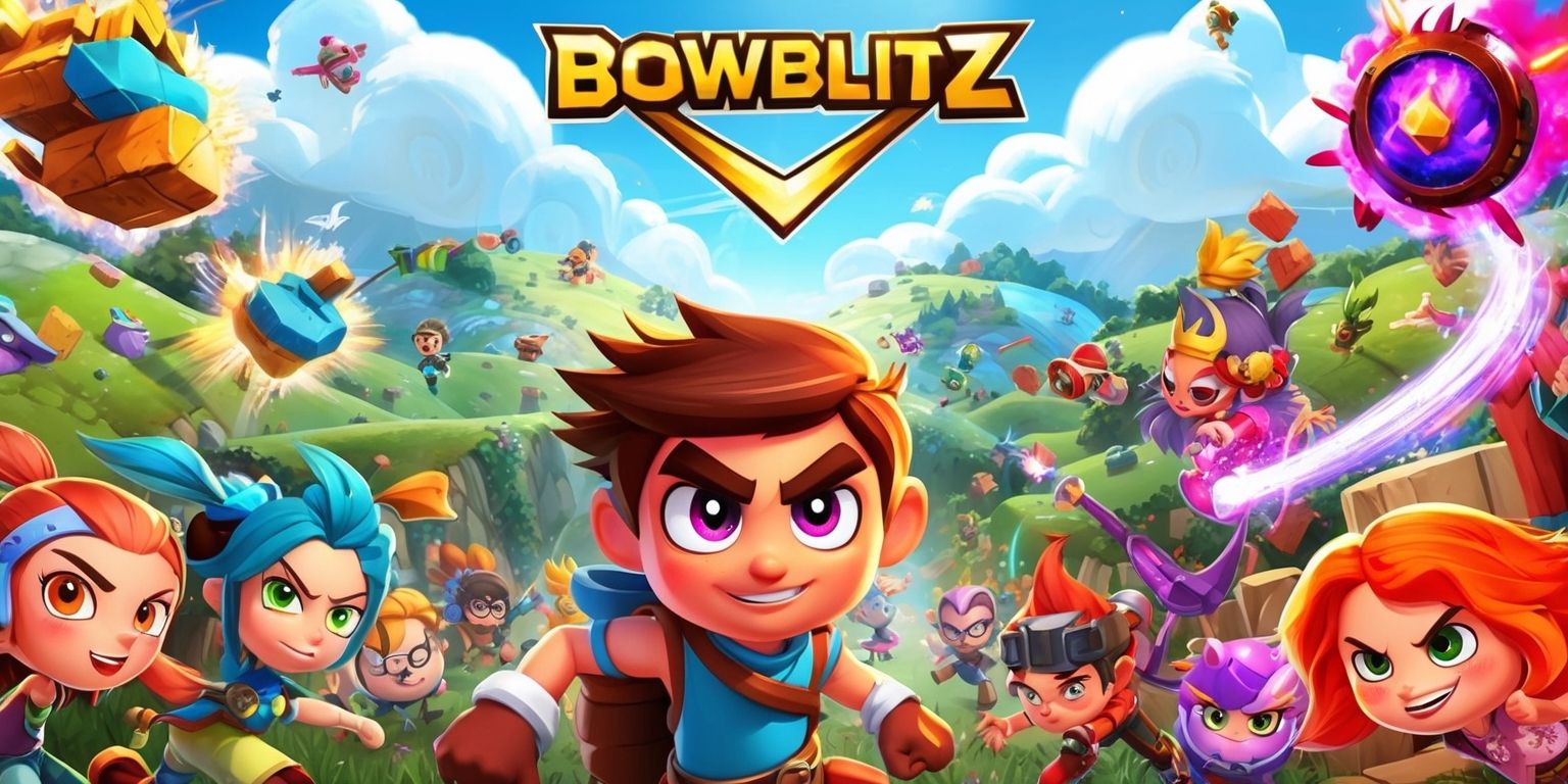 A vibrant and dynamic mobile game screenshot of Bowblitz, featuring a mix of colorful cartoon-style characters and obstacles, set against a backdrop of a fantasy world with rolling hills and fluffy white clouds, the game's logo prominently displayed in bold, golden font with a sleek, modern design, the characters having distinct facial features, bright expressive eyes, and varying skin tones, with the main protagonist, a young adventurer, standing out with a determined look, the overall aesthetic being playful, adventurous, and full of energy, with a hint of magic and excitement, the layout carefully framed to showcase the game's engaging gameplay and captivating visuals.