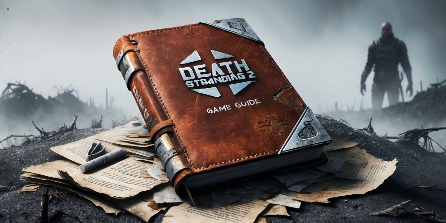 A worn and weathered game guide for Death Stranding 2, with a rugged, brown leather-bound cover, adorned with subtle, silver metallic accents and embossed with the game's logo in bold, futuristic font, sits atop a dusty, grayscale landscape, surrounded by scattered pages, torn notes, and cryptic symbols, as if abandoned in a desolate, post-apocalyptic world, with subtle hints of blue and orange hues peeking through the worn edges, evoking a sense of mystery and adventure, and in the background, a faint, haunting silhouette of a figure, perhaps the game's protagonist, Sam Porter Bridges, with a determined expression and a hint of fatigue, looms large, gazing out into the unknown.