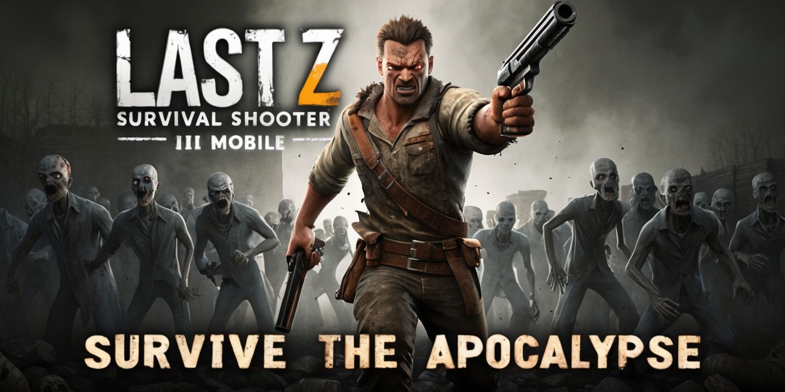 A high-energy promotional image for the Last Z: Survival Shooter mobile game, set against a dark and gritty post-apocalyptic backdrop with muted tones of grey, brown, and beige, featuring a rugged survivor character with a determined expression, sharp jawline, and weathered skin, dressed in tattered clothing and armed with a powerful shotgun, standing heroically in the center of the frame, surrounded by hordes of terrifying undead zombies in the background, with the game's logo emblazoned in bold, metallic letters across the top of the image, and the tagline Survive the Apocalypse written in smaller text at the bottom of the frame in a distressed font style.