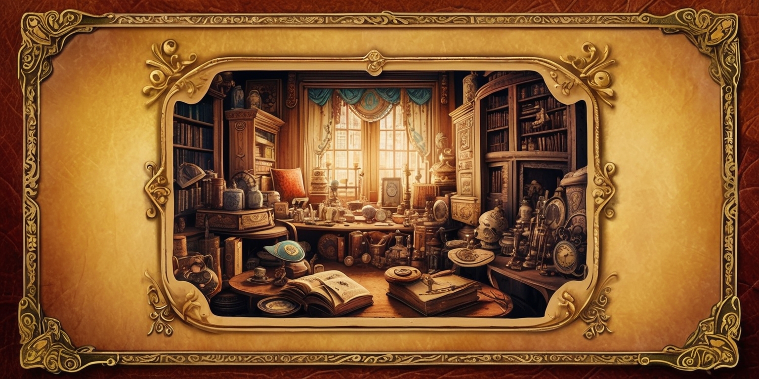A vibrant, retro-inspired illustration depicting a whimsical hidden object adventure game, set against a warm, golden-brown background, reminiscent of aged parchment or worn leather. The scene is framed by ornate, curved borders, adorned with intricate, hand-drawn patterns and motifs, evoking a sense of nostalgia and mystery. In the center, a cluttered, old-fashioned study room or antique shop is overflowing with eclectic, vintage objects, such as dusty tomes, peculiar artifacts, and curious trinkets. The objects are rendered in exquisite detail, with warm, muted colors and subtle textures, inviting the viewer to explore and discover hidden treasures. The overall aesthetic is a blend of Victorian-era nostalgia, vintage detective fiction, and playful, puzzle-adventure game elements, with a hint of mystique and wonder.