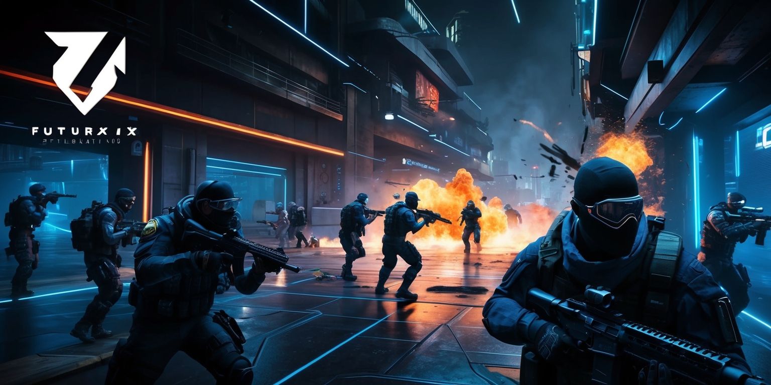 A futuristic tactical multiplayer game scene set in a dark urban environment with a mix of modern and advanced weaponry, players dressed in tactical gear and masks, with a focus on a first-person perspective, the scene is lit by neon lights and explosions, the colors are a mix of deep blues and oranges, the style is highly detailed and realistic, with a cinematic feel, the layout is dynamic with players spread across the scene, and the framing is tight, with a shallow depth of field, the game's logo, resembling a stylized letter or symbol, is prominently displayed in the top left corner, with a bold, metallic font, and the overall atmosphere is intense and action-packed.