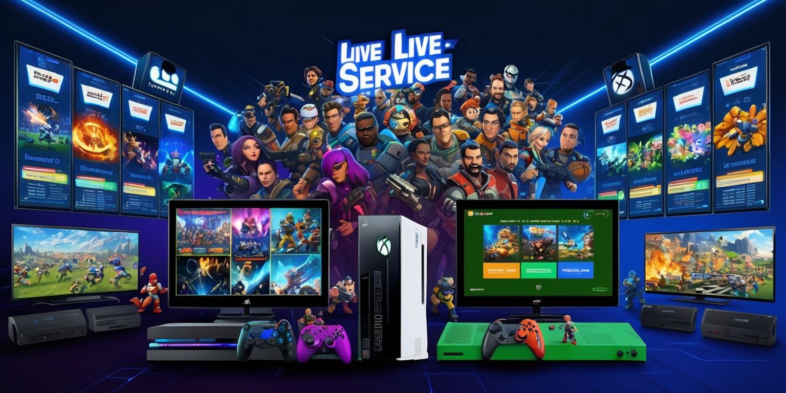 A detailed illustration of a live-service game ecosystem, featuring a split-screen layout with a PlayStation and Xbox console on either side, both displaying various popular live-service games with vibrant, high-definition visuals, and a vast online community of players from diverse backgrounds, with different facial features and skin colors, all engaged in multiplayer interactions, surrounded by screens showing seasonal events, updates, and unified launchers, with bold, eye-catching fonts and logos of the games, set against a dark blue background with neon lights and subtle grid patterns, conveying a sense of dynamism and community.