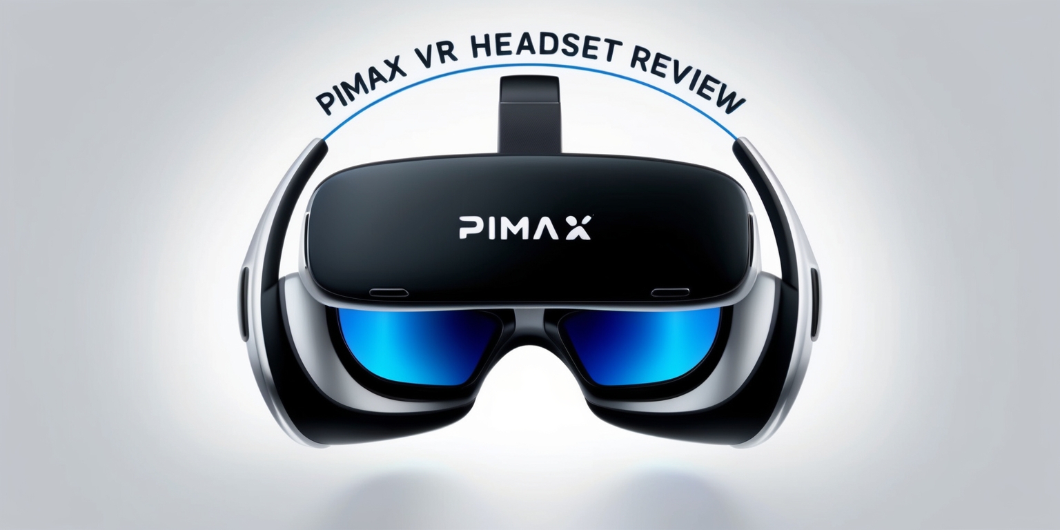 <updated_prompt>
A futuristic, high-tech illustration of a Pimax VR headset, placed centrally on a white background, with subtle gradient effects to emphasize its sleek design and modern aesthetic. The headset's exterior is a matte black color, with metallic silver accents on the temples and bridge. The VR lenses are a bright, polished silver, with a slight blue tint to hint at the immersive experience they provide. The illustration style is a mix of realistic 3D modeling and subtle, stylized highlights to give the image a sense of sophistication. The Pimax logo, a stylized letter P with a curved line above it, is embossed on the forehead of the headset in a metallic silver color. The overall atmosphere is one of innovation and cutting-edge technology. The review article's title, in a clean, modern sans-serif font, is placed above the headset in a curved line, with the text Pimax VR Headset Review in a bold, dark blue color.