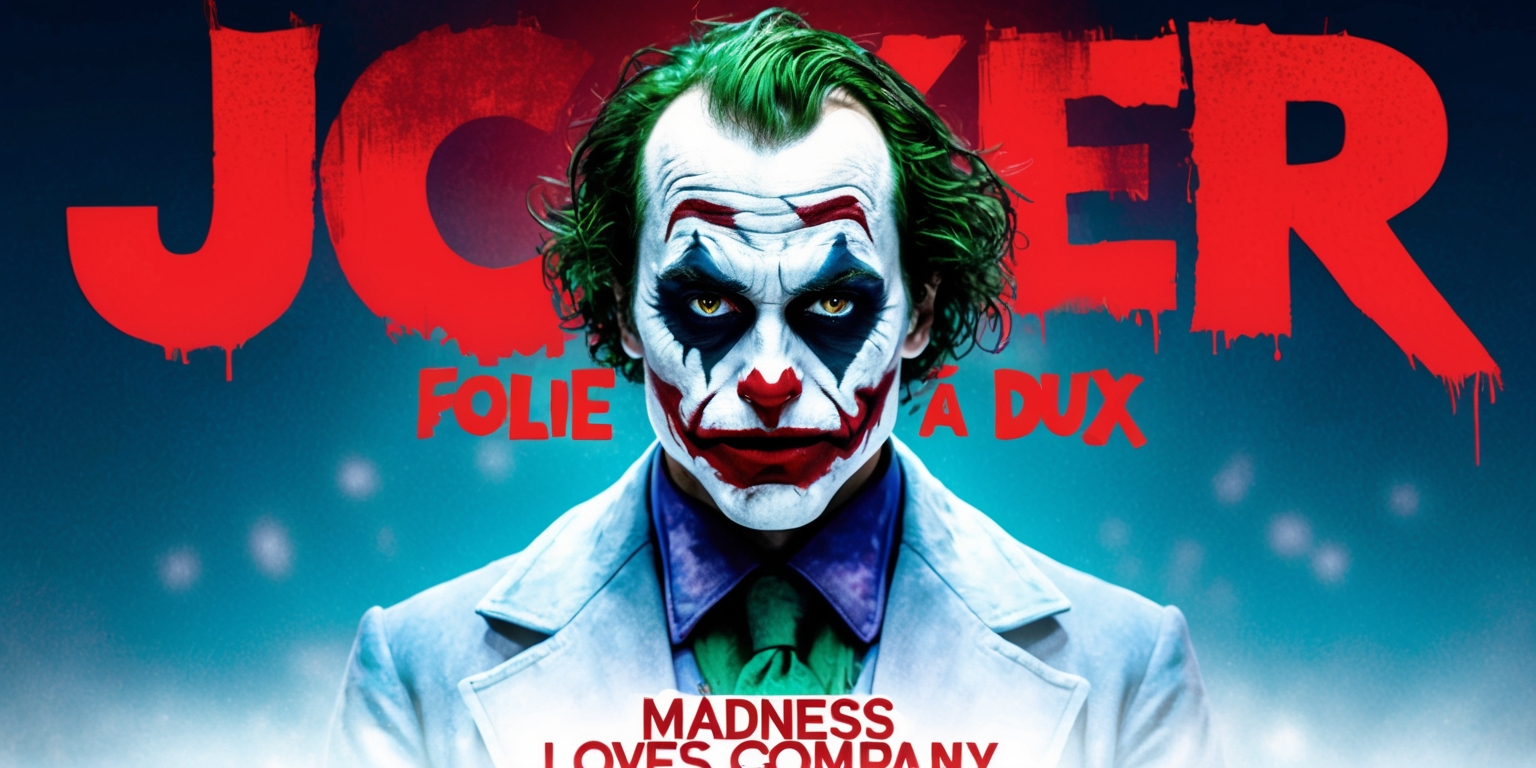 A cinematic poster for the Joker: Folie à Deux movie, set against a bold, gradient background that transitions from deep blues to vibrant reds, capturing the essence of chaos and anarchy. At the center, a hauntingly eerie portrait of Joaquin Phoenix as the Joker, his pale skin contrasting with the dark, smudged makeup and unkempt hair, his eyes gleaming with maniacal intensity. He's surrounded by subtle, flickering lights, evoking the sense of a hallucination. The title Joker: Folie à Deux is emblazoned across the top in bold, graffiti-style letters, with the tagline Madness Loves Company written in smaller, cursive script at the bottom. The entire design exudes a sense of dark, twisted whimsy, perfectly capturing the Joker's unpredictability and the film's themes of chaos and anarchy.