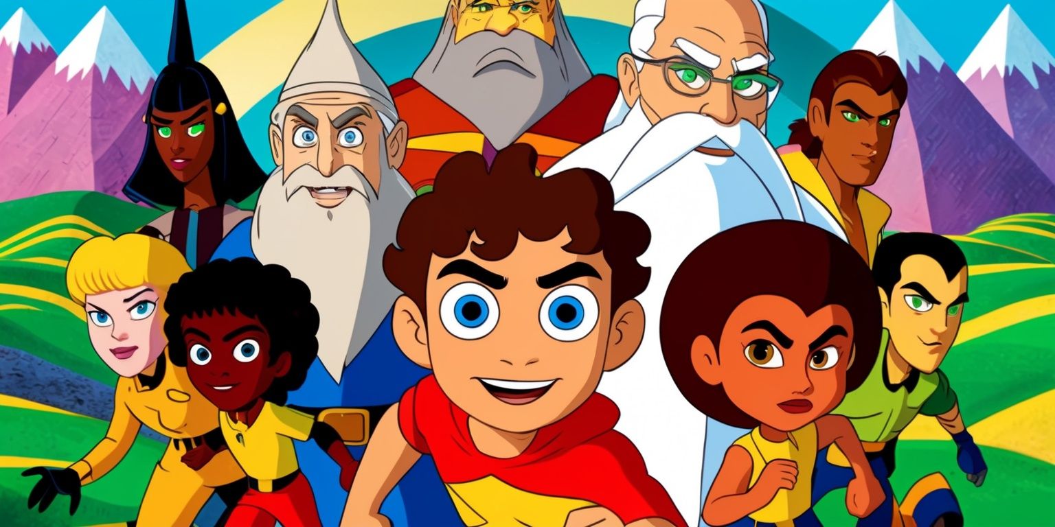 Retro-inspired animated adventure film with vibrant colors and stylized characters, set in a fantastical world with rolling hills and towering mountains, featuring a diverse cast of heroes with unique facial features and skin colors, including a brave protagonist with bright blue eyes and curly brown hair, a wise old mentor with a long white beard and spectacles, and a mysterious villain with piercing green eyes and sharp facial angles, all brought to life in a dynamic and energetic visual style reminiscent of classic cartoons and animated films from the 1980s and 1990s, with bold lines, textured backgrounds, and a mix of digital and traditional media elements, presented in a widescreen format with a cinematic aspect ratio and a dramatic soundtrack.