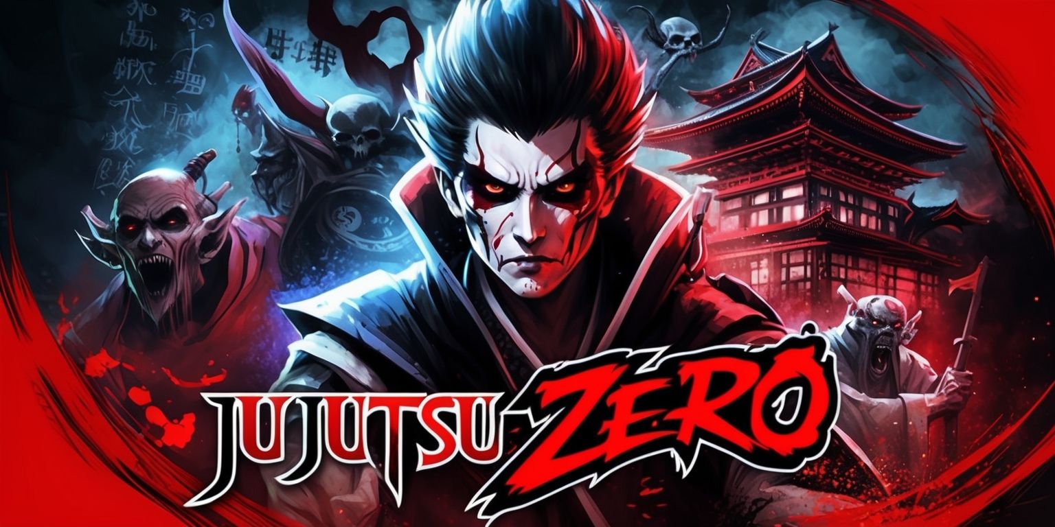 A vibrant and dynamic illustration of the Jujutsu Zero game, showcasing a mix of dark fantasy and horror elements, with a bold color scheme and dramatic lighting, featuring a rugged and mysterious protagonist with sharp facial features and pale skin, surrounded by eerie cursed spirits and ancient Japanese architecture, with hints of magical runes and mystical symbols in the background, blending traditional and digital art styles, in a cinematic composition with a focus on action and suspense, incorporating the game's logo in a stylized, bold font with a dark red and black color scheme.