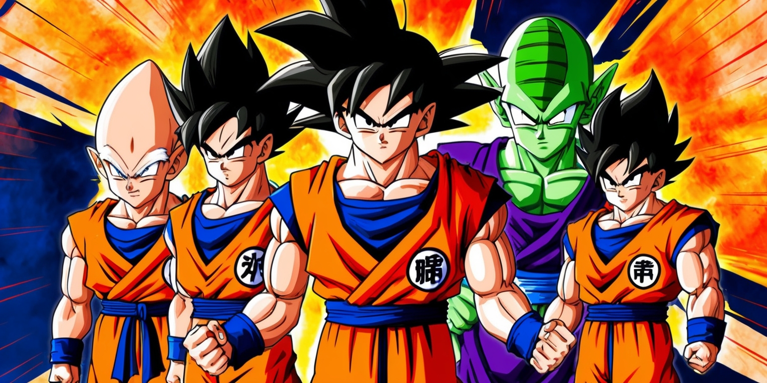 A vibrant, action-packed illustration featuring the iconic characters from the Dragon Ball DAIMA series, set against a dynamic, explosive background with bold, fiery oranges and yellows, accented with deep blues and purples, evoking a sense of intense energy and battle-ready tension. Goku, with his signature spiky black hair and determined facial expression, stands at the forefront, clad in his classic orange and blue gi, his muscles tensed and ready for battle. Vegeta, Piccolo, and Trunks stand proudly alongside him, each showcasing their unique facial features, skin tones, and attire. The characters are arranged in a dramatic, asymmetrical composition, with bold lines, dynamic poses, and exaggerated facial expressions, blending traditional anime aesthetics with modern digital art sensibilities. The illustration incorporates subtle texture and gradient effects, giving the image a sense of depth and dimensionality, as if the characters are about to leap off the page.