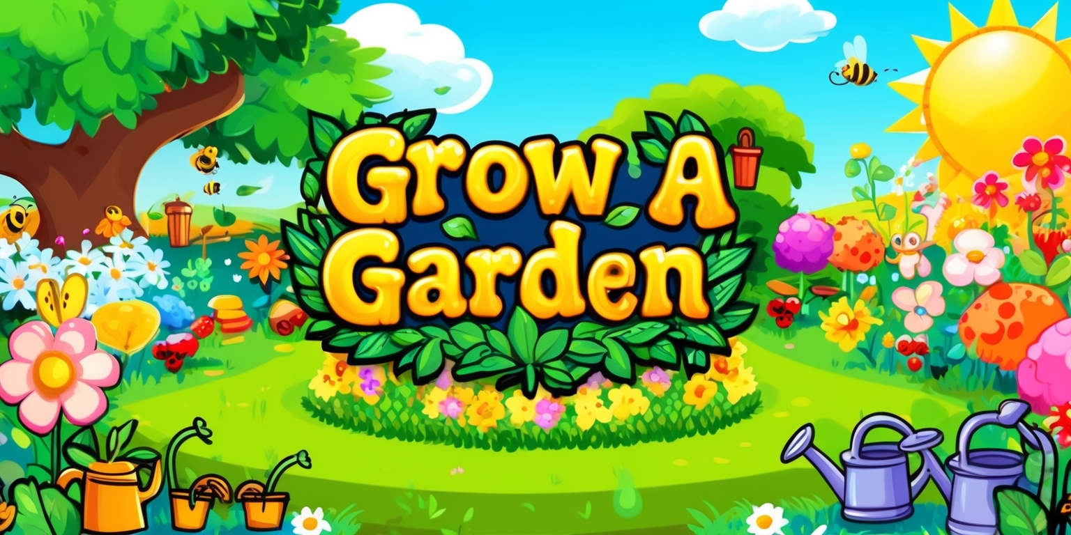 A colorful digital illustration of a whimsical garden scene for the Grow a Garden game, featuring vibrant green grass, diverse blooming flowers, and lush trees, with a bright sunny sky and fluffy white clouds in the background, incorporating game elements such as cartoonish gardening tools, seeds, and watering cans, with perhaps a few friendly garden creatures like bees, butterflies, or rabbits, all presented in a playful, fantastical style with bold lines, textures, and inviting colors, including shades of blue, yellow, pink, and orange, with the game's title Grow a Garden prominently displayed in a curly, childish font with golden letters and a green leafy wreath surrounding it.