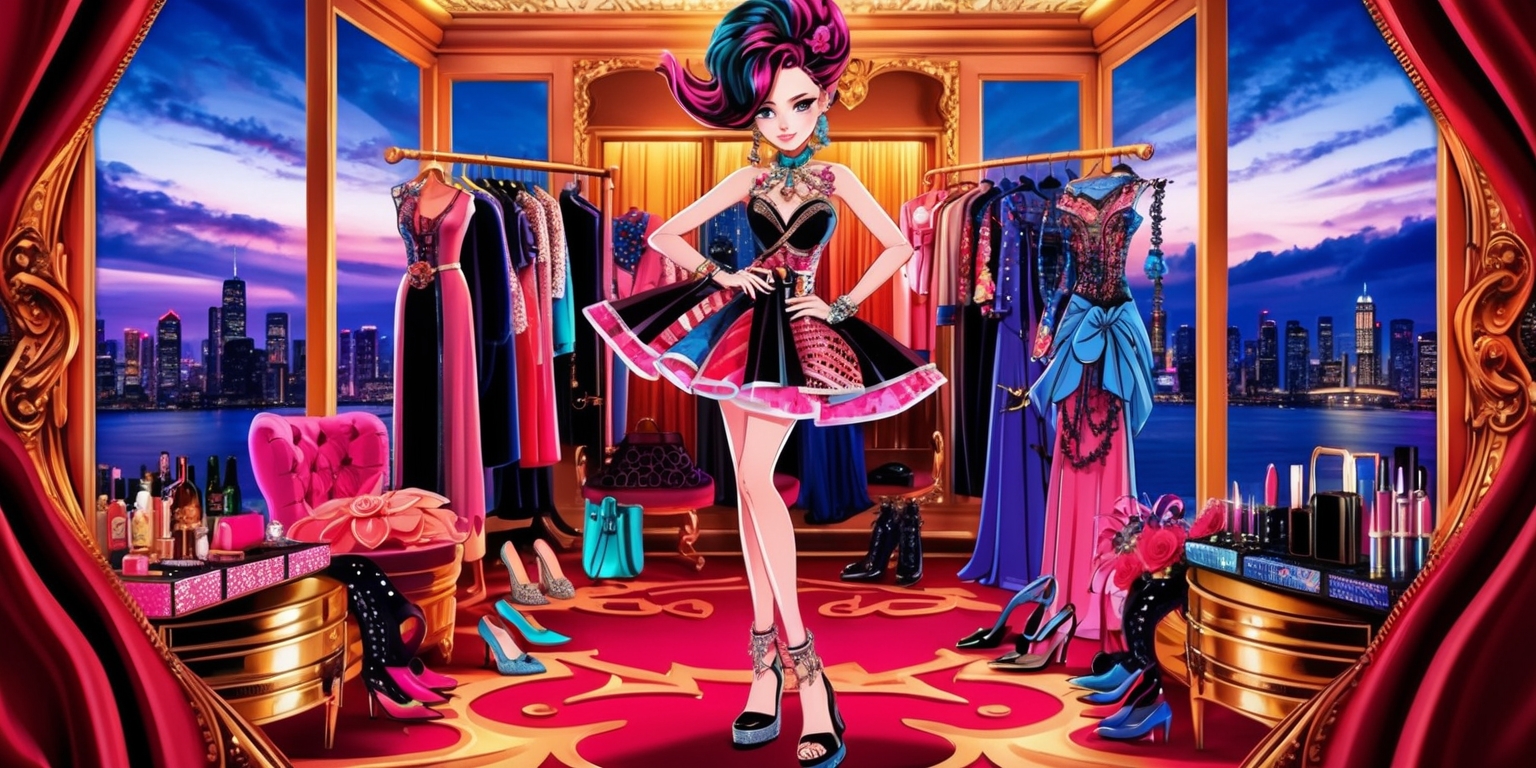 A vibrant, highly detailed illustration of Nikki, the main character from the popular mobile game Love Nikki, standing confidently in a lavish, ornate dressing room filled with exquisite clothes, shoes, and accessories, with a stunning cityscape at dusk visible through the floor-to-ceiling windows behind her, showcasing her trendy fashion sense with a bold, eclectic outfit, complete with intricate hairstyles, statement jewelry, and an array of colorful cosmetics, against a warm, golden backdrop that evokes a sense of glamour and sophistication, with bold lines, lush textures, and expressive facial features that capture her determined and fiery personality, in a style reminiscent of anime and manga, with bold, dynamic brushstrokes and vivid, saturated colors that pop against the rich, dark wood tones and soft, velvety fabrics that surround her.