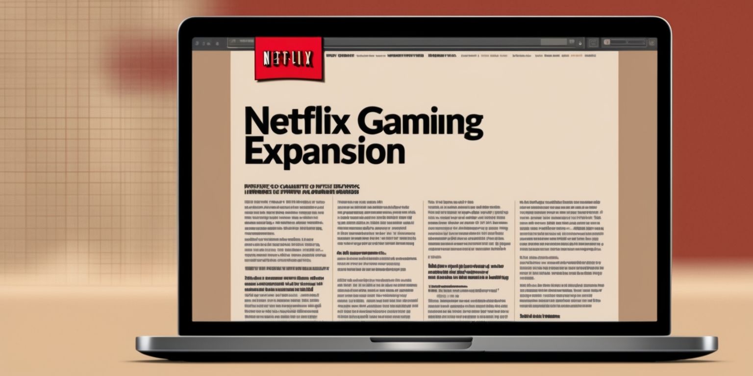 A news article about Netflix gaming expansion on a computer screen with a bold headline in a modern sans-serif font, the background is a warm beige color, the text is in a dark gray shade, the article features a mix of Short paragraphs and bullet points, a large Netflix logo in red and white is displayed at the top, a subtle grid pattern is visible in the background, the image has a slight blur effect to give it a sense of depth, the overall aesthetic is sleek and minimalist, the color palette consists of various shades of gray, beige, red, and white, the layout is clean and easy to read, with ample whitespace to guide the viewer's attention to the headline and key points.