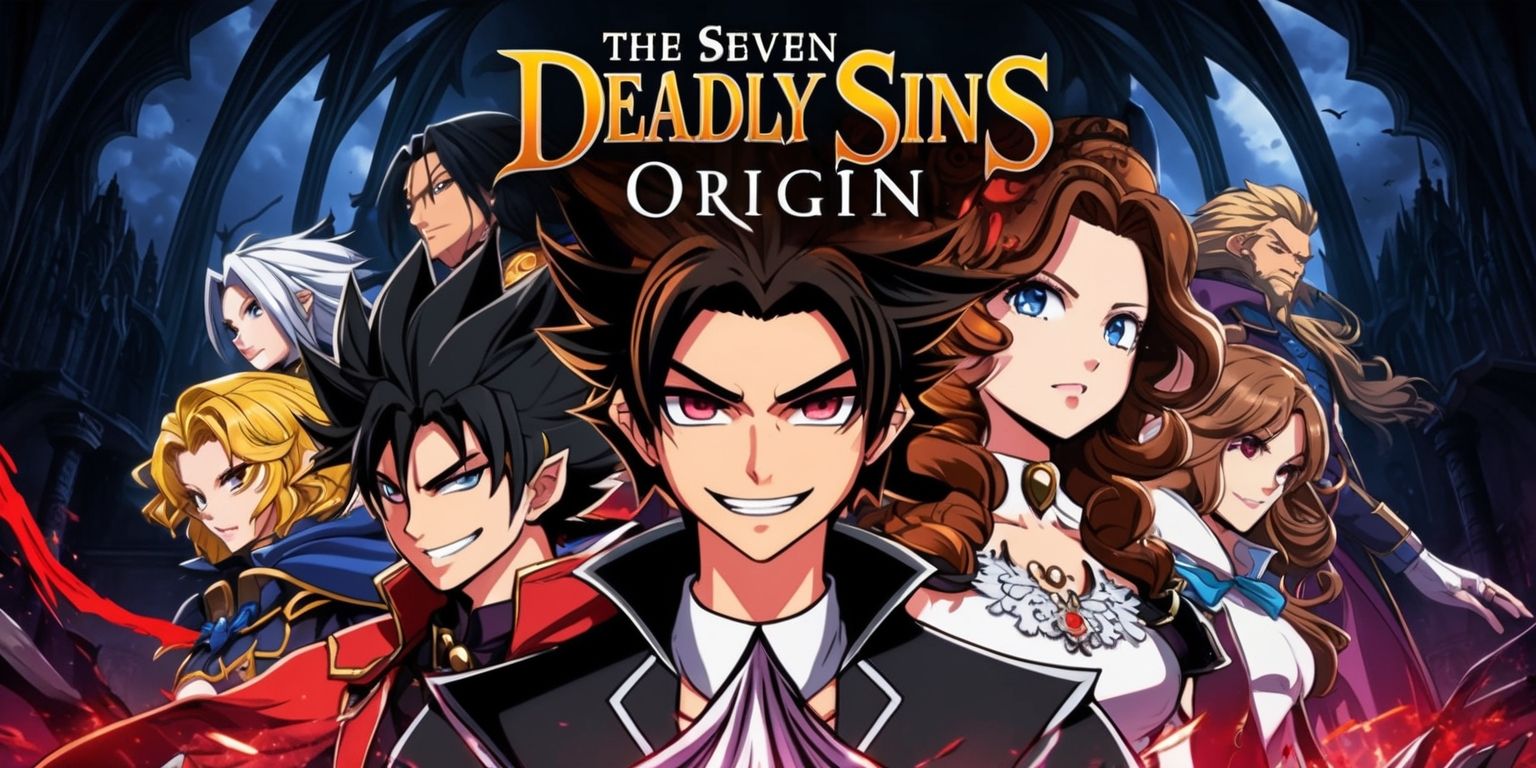 A vibrant, digital illustration depicting the main characters from the Seven Deadly Sins Origin game, set against a dark fantasy background with intricate, gothic-inspired architectural elements, the characters are designed in a stylized, anime-like manner with bold lines, bright colors, and dramatic lighting, each character showcasing their unique personality, facial features, and attire, with Meliodas having short, spiky black hair and a confident smile, Elizabeth having long, curly brown hair and a compassionate expression, and the other characters displaying their distinctive traits, the atmosphere is intense and action-packed, with subtle, mystical effects and textures, the layout is dynamic, with the characters positioned in a circular formation, as if preparing for battle, with the game's logo prominently displayed in a bold, golden font at the top of the image.