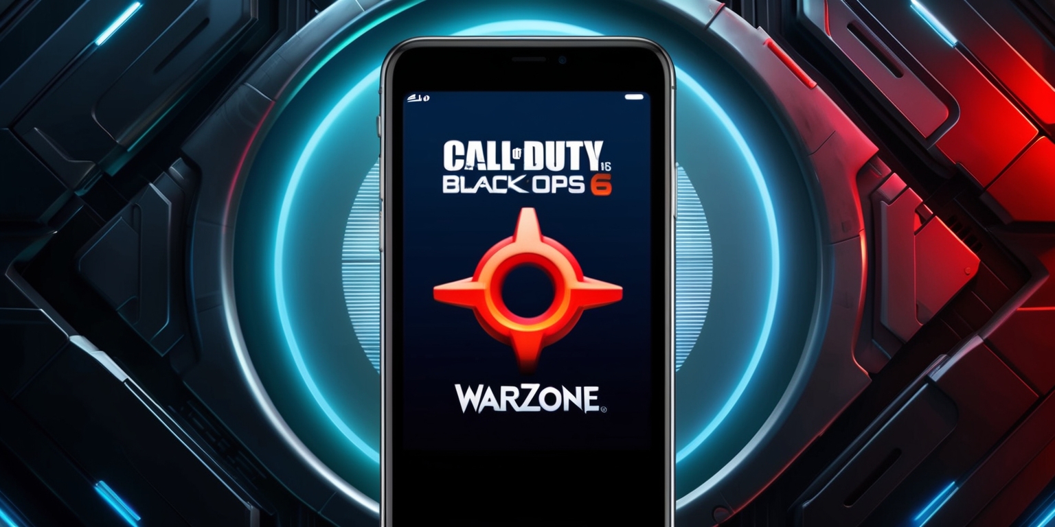 A futuristic, high-tech illustration of a mobile phone screen displaying the Call of Duty: Black Ops 6 and Warzone app, with a dark, metallic background that echoes the game's thrilling and intense atmosphere, the app's icon featuring a stylized, metallic font with the numbers 6 and a bold, red omega symbol, surrounded by a circle with a subtle, digital pattern, the screen glows with a soft, blue light, with a slight, gradient effect, the overall aesthetic is sleek, modern, and aggressive, with a focus on sharp lines, metallic textures, and a predominantly dark color scheme with accents of red and blue.