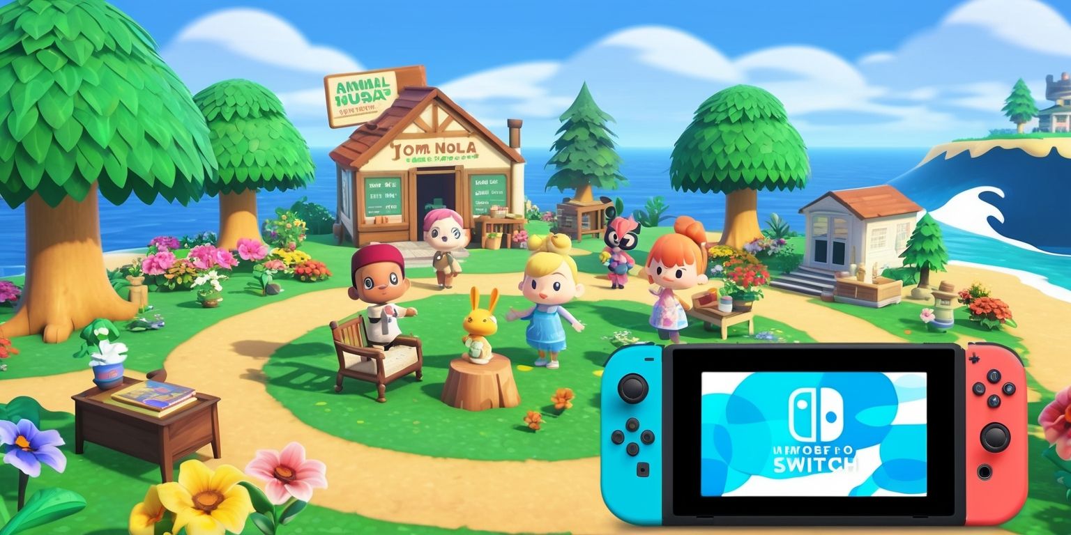 A colorful digital illustration of the Animal Crossing: New Horizons game, featuring a serene island setting with lush green trees, vibrant flowers, and a clear blue sky, Tom Nook's store in the background, with various adorable characters from the game, including Tom Nook, Isabelle, and K.K. Slider, surrounded by furniture and decor items, with a mix of natural and man-made elements, and a warm lighting effect, set against a gentle wave pattern in the distance, with a Nintendo Switch console or a television screen displaying the game in the foreground, and a few island landmarks like the Resident Services building and the Island Museum.