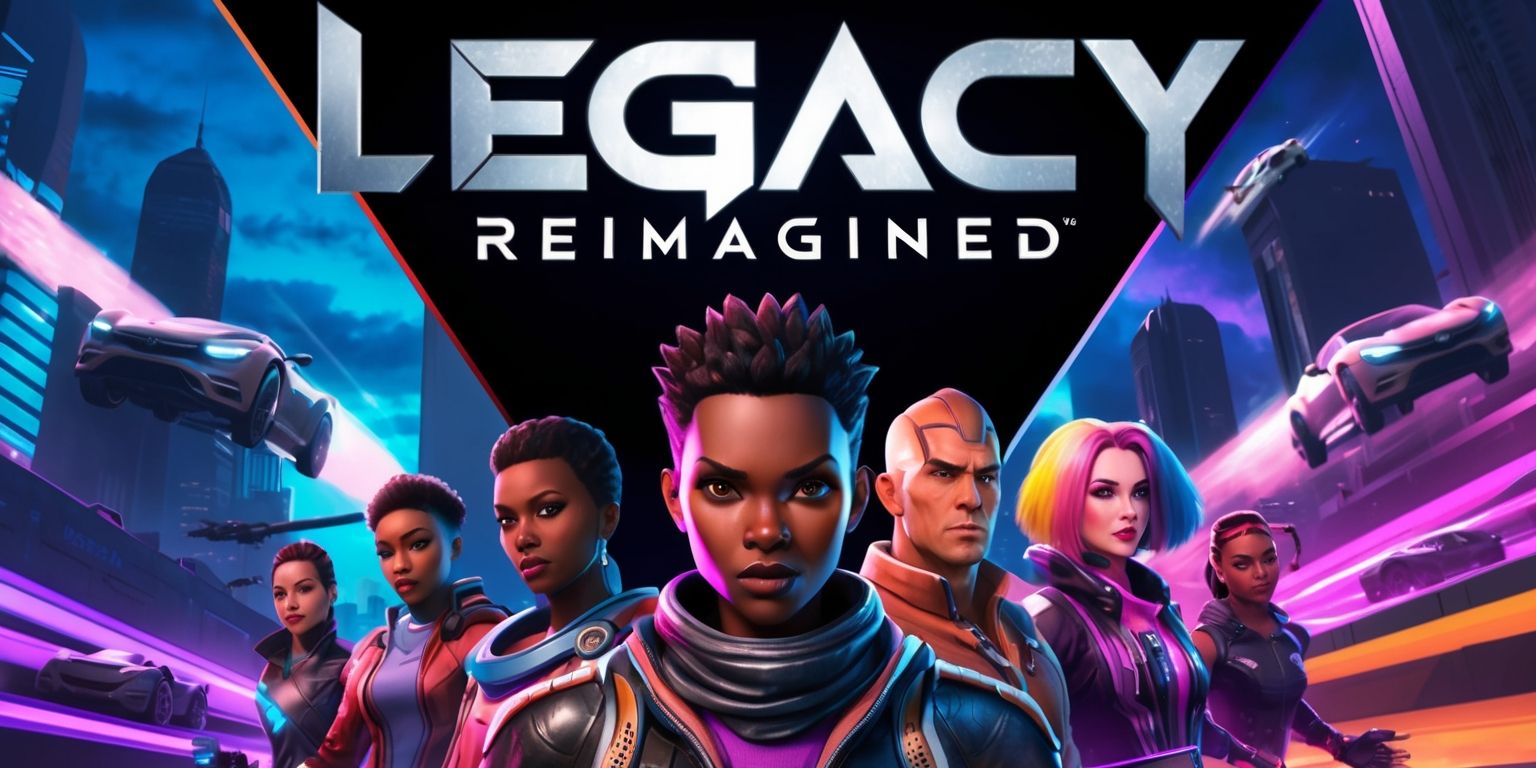 A futuristic video game cover art for Legacy Reimagined, featuring a bold, neon-lit cityscape with sleek skyscrapers and flying cars zipping by, set against a dark blue and purple dusk sky with a hint of orange, the game's title in metallic silver font with a modern, angular design, and a subtle gradient effect, at the forefront a diverse group of characters with unique abilities and styles, including a woman with short, spiky hair and dark brown skin, a man with a strong jawline and piercing blue eyes, and a non-binary individual with vibrant, rainbow-colored hair, all dressed in futuristic attire with a mix of leather, metal, and neon accents, with a sense of dynamic movement and energy, as if the characters are about to leap into action, the overall mood is one of excitement, adventure, and limitless possibility.