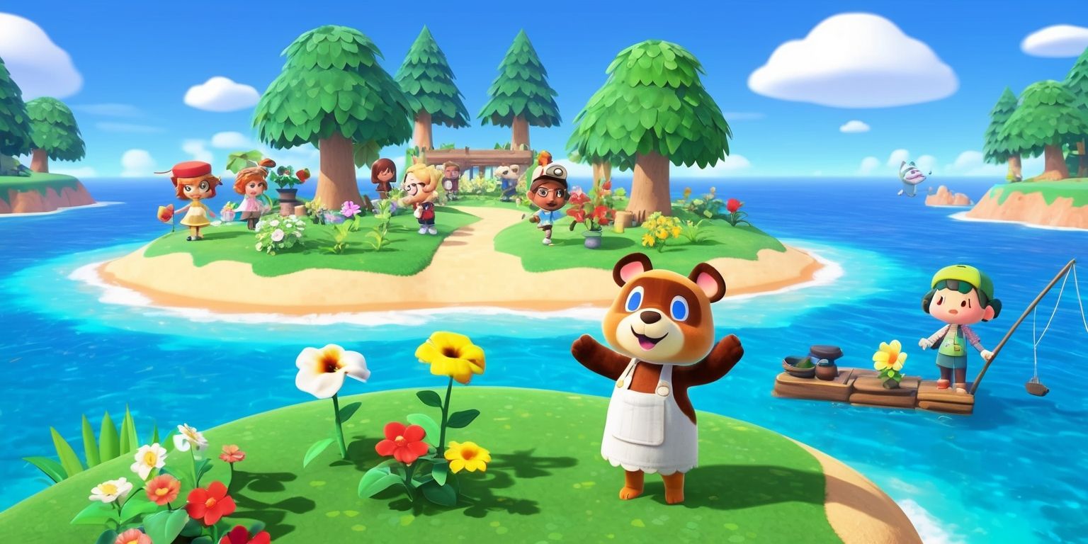 A serene and vibrant digital illustration of the Animal Crossing: New Horizons game, featuring a customized island with lush green grass, colorful flowers, and tall trees, surrounded by crystal clear turquoise water and a bright blue sky with a few puffy white clouds, with Tom Nook standing on the shore, smiling and waving at the viewer, his brown fur and white apron a warm contrast to the cool tones of the environment, nearby a few adorable villager characters are engaged in various activities, such as fishing, gardening, or simply lounging in their favorite spots, the overall atmosphere is peaceful and inviting, with gentle brushstrokes and soft textures evoking a sense of warmth and coziness.