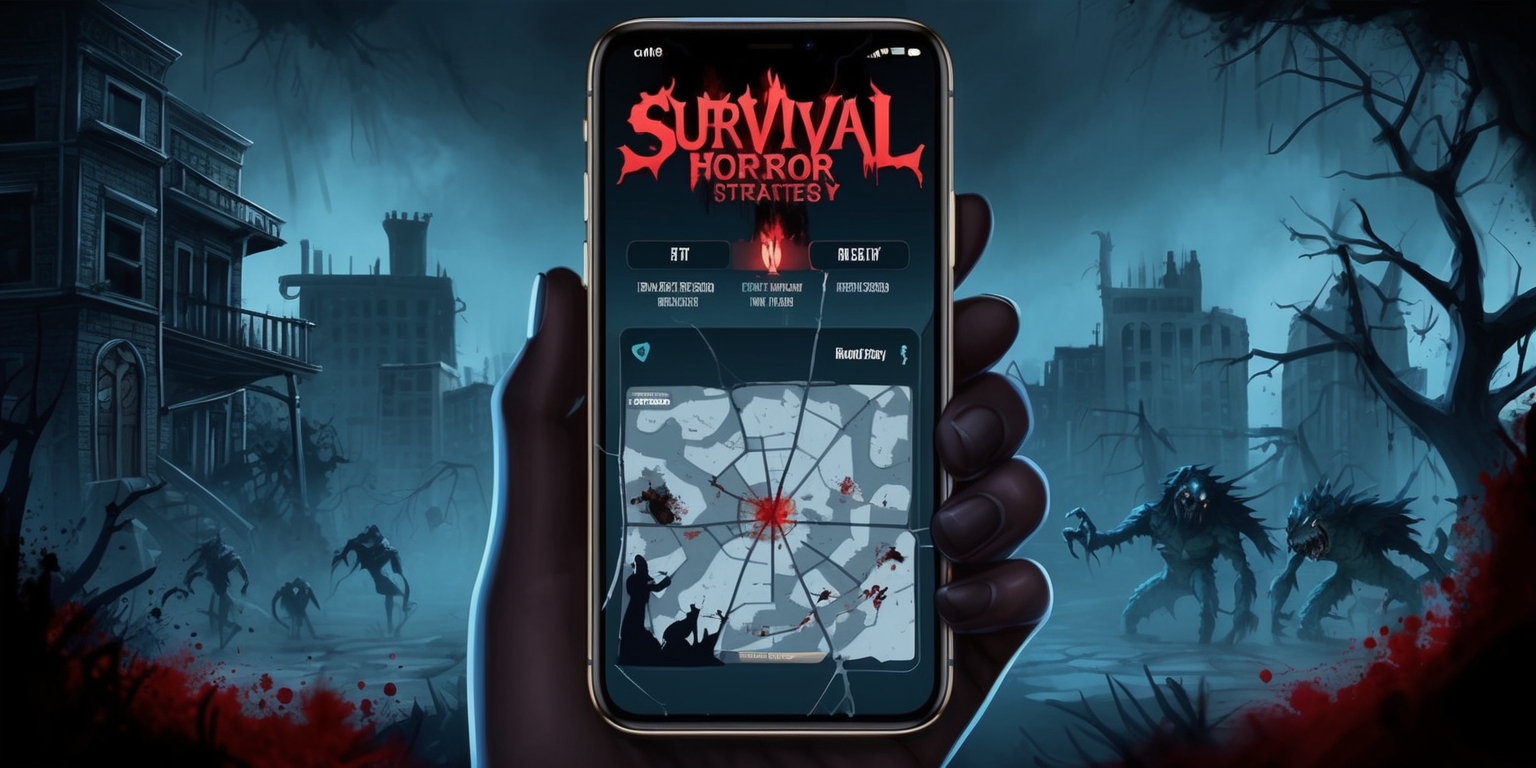 A dark and ominous digital illustration of a mobile survival horror strategy game, featuring a haunting cityscape at dusk with abandoned buildings, creepy trees, and faint mist, on a smartphone screen with a cracked glass, the game's interface displays a map with terrifying creatures lurking in the shadows, the color palette is dominated by dark blues and greys, with splashes of blood red, the game's logo is emblazoned in bold, gothic font at the top of the screen, with a faint glow effect, the overall atmosphere is tense and foreboding, inviting players to embark on a thrilling and terrifying adventure.